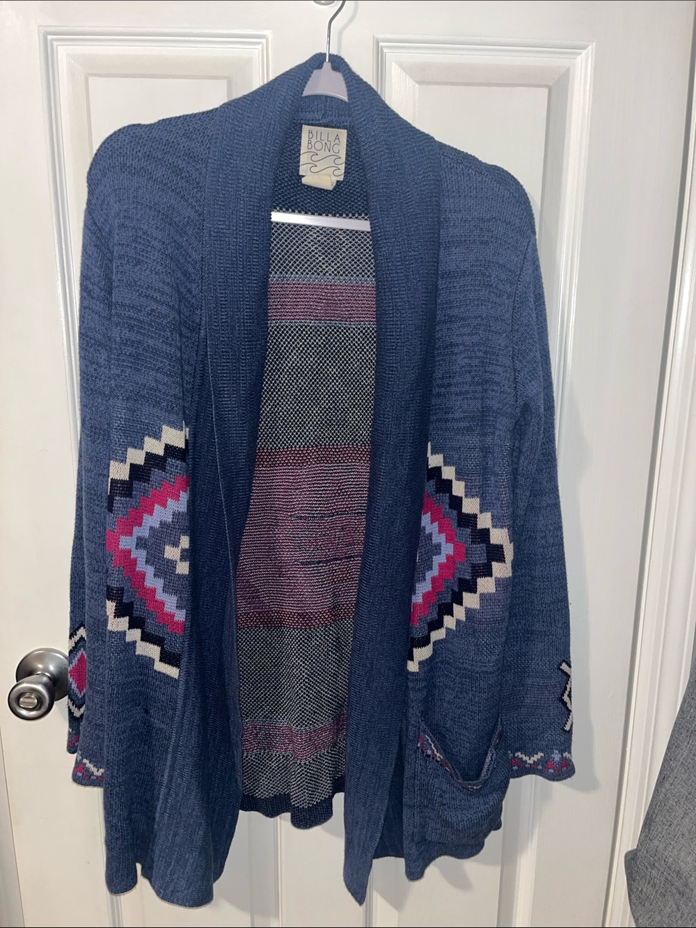 Billabong Navy Open-Front Cardigan with Aztec Sleeve Panels